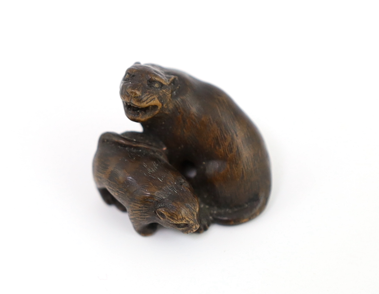 A Japanese carved wood netsuke of a tiger and cub, 19th century
